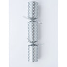 Single silver Christmas cracker with white snowflake print and silver ribbon ties