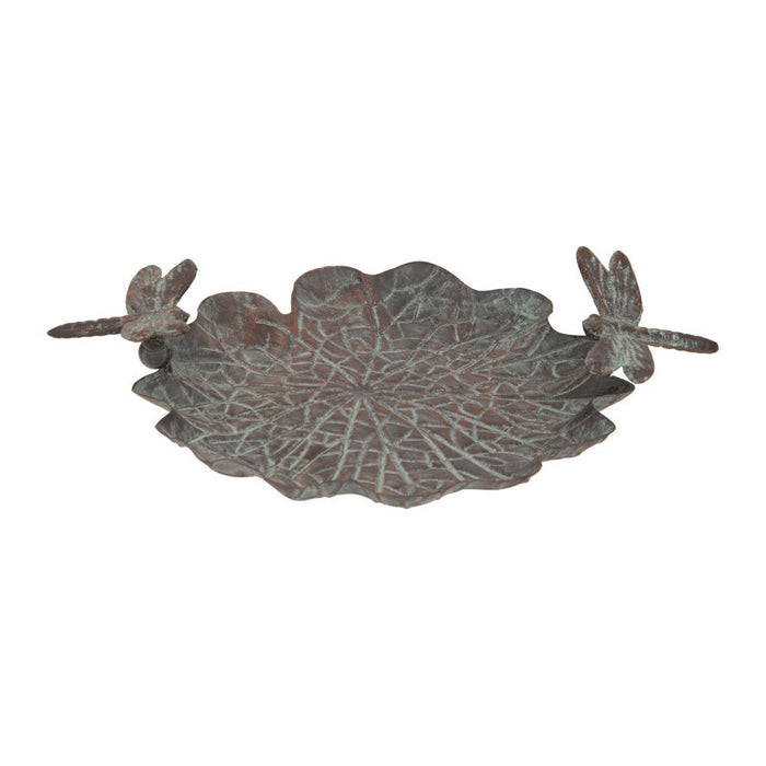 Rustic tarnished metal bird dish with two dragonfly accents on a plain white background