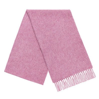 Dusky rose Merino wool scarf with tasseled ends neatly folded on a white background