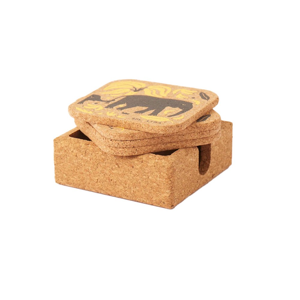 Elephant & Bananas Cork Coaster, Set of 4