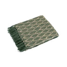 Folded Elm Green recycled cotton throw showing diamond weave pattern and dark green fringed edges.