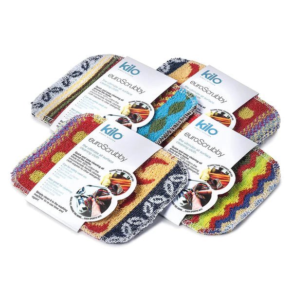 Four Euro Scrubby Plus cleaning pads in different colourful patterns showing their individual retail packaging.