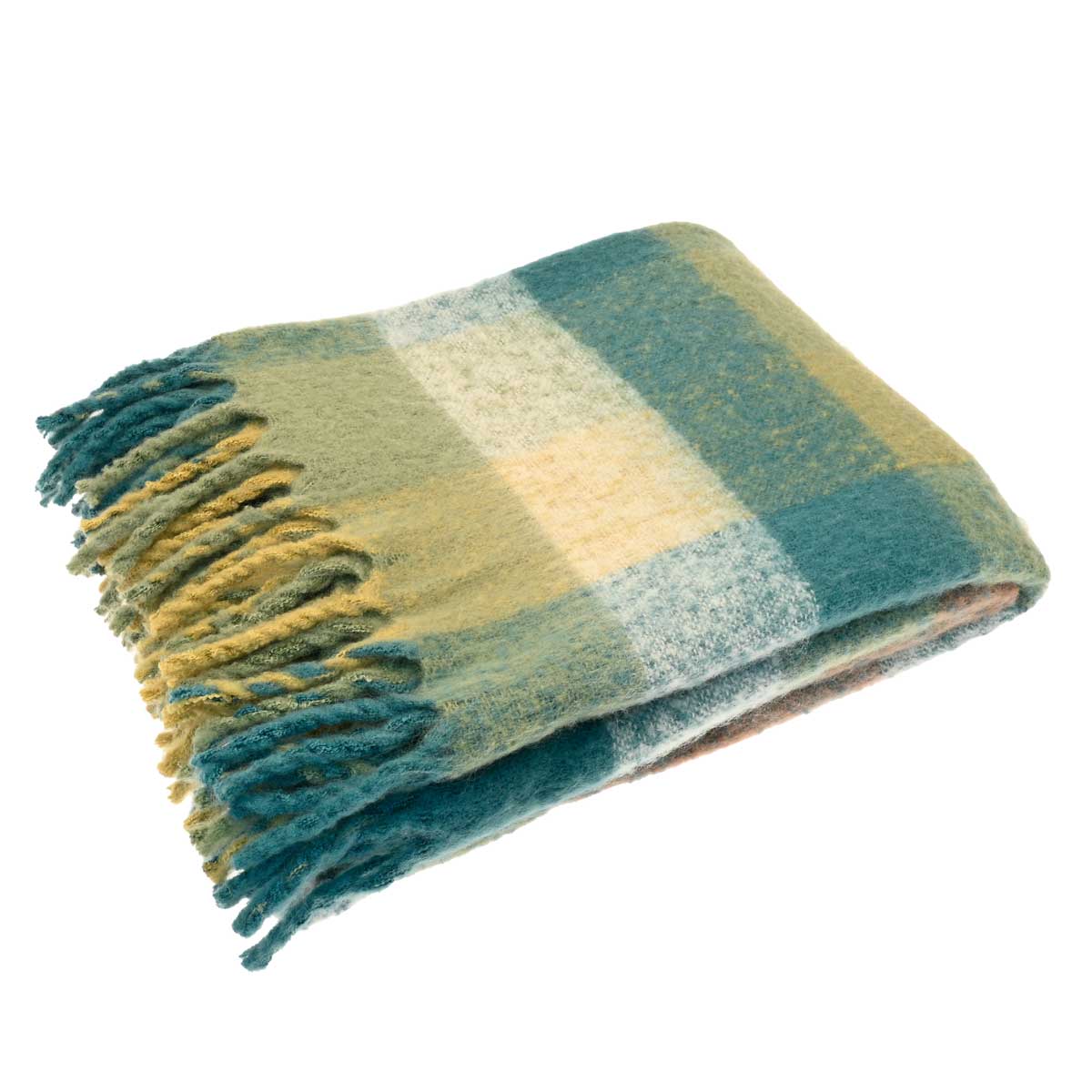 Folded faux mohair check throw showing teal, green, and beige squares with tassel fringe.