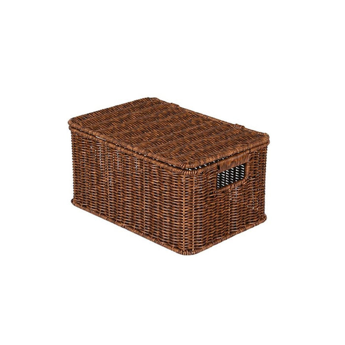 Closed brown faux rattan storage basket with integrated handles and a woven lid