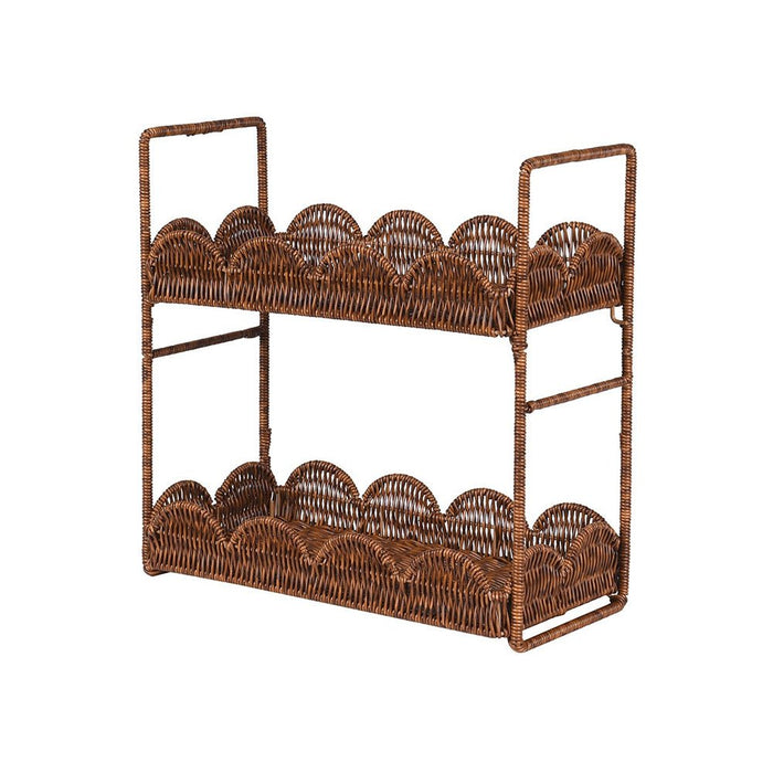 Two-tier faux rattan shelves with a scalloped edge and woven brown finish