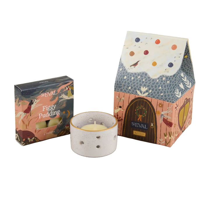 Figgy Pudding Christmas gift set including a box of 4 tea-lights, a speckled ceramic holder, and cottage-style packaging.