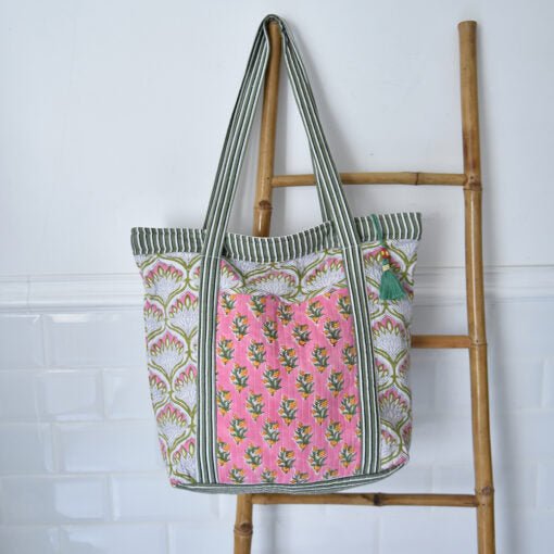 Green and Pink Block Printed Small Quilted Tote Bag