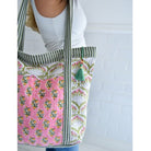 Green and Pink Block Printed Small Quilted Tote Bag