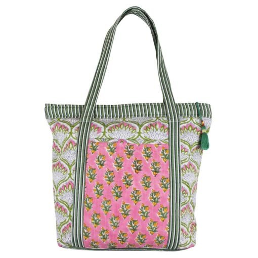 Green and Pink Block Printed Small Quilted Tote Bag