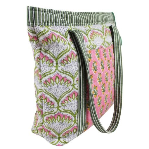 Green and Pink Block Printed Small Quilted Tote Bag
