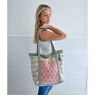 Green and Pink Block Printed Small Quilted Tote Bag