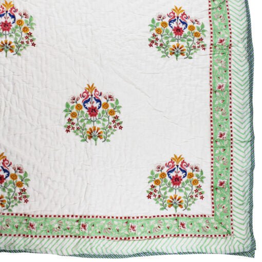 Green and White Floral Print Cotton Bedspread
