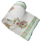 Green and White Floral Print Cotton Bedspread