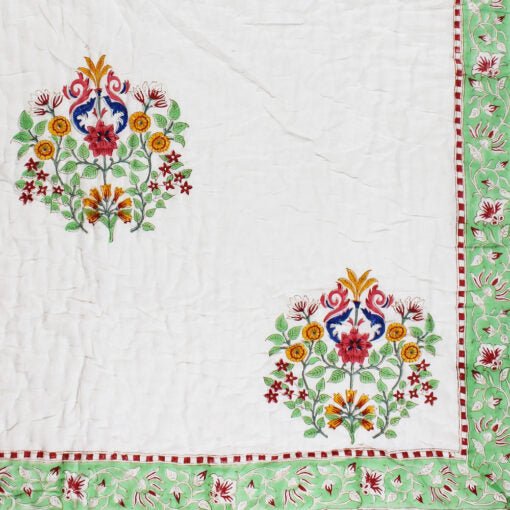 Green and White Floral Print Cotton Bedspread