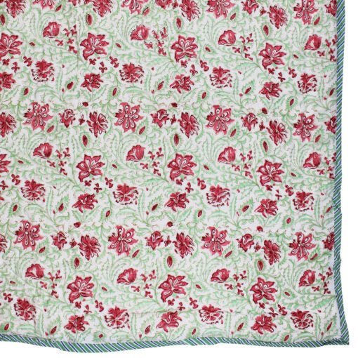 Green and White Floral Print Cotton Bedspread