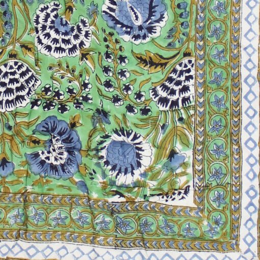 Green & Blue Floral Print Cotton Bedspread