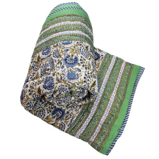 Green & Blue Floral Print Cotton Bedspread