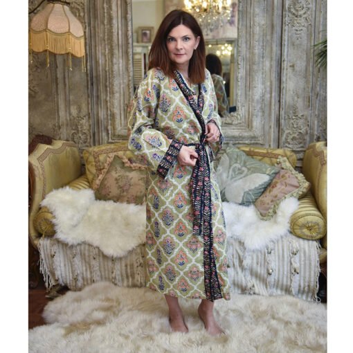 Green Framed Small Floral Block Print Dressing Gown