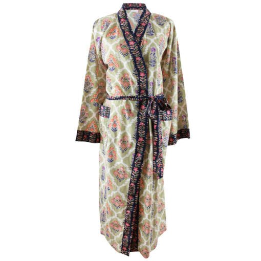 Green Framed Small Floral Block Print Dressing Gown
