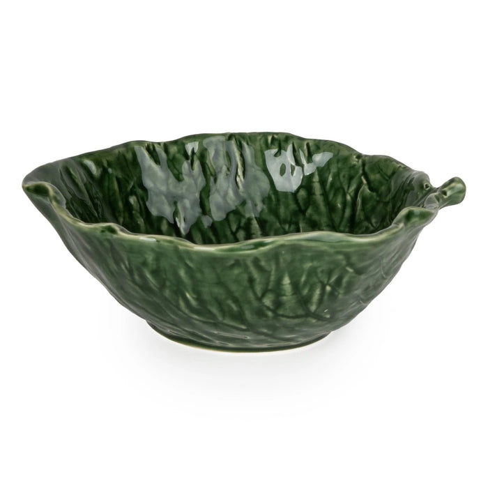 Side profile of a dark green pottery bowl with a textured leaf design and ruffled edges
