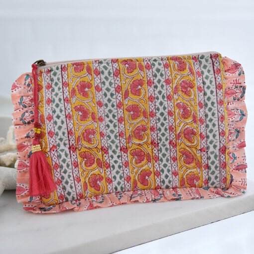 Green, Lemon and Pink Mixed Fabric Quilted Make Up Bag