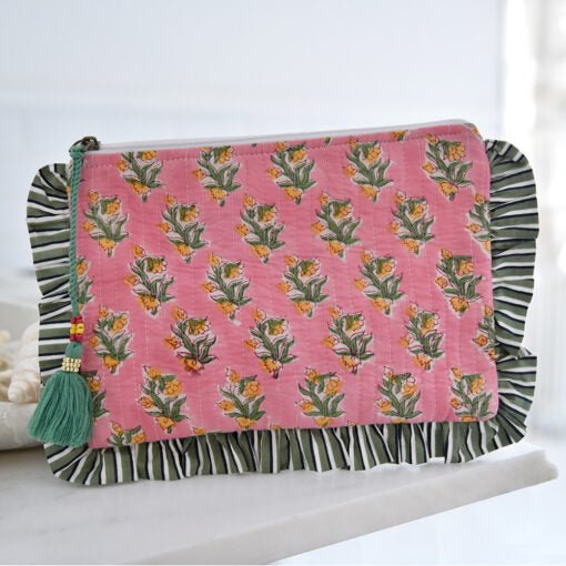 Green Ogee and Pink Mixed Fabric Quilted Make Up Bag