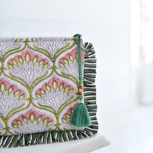 Green Ogee and Pink Mixed Fabric Quilted Make Up Bag