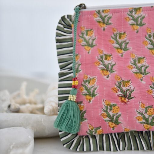 Green Ogee and Pink Mixed Fabric Quilted Make Up Bag