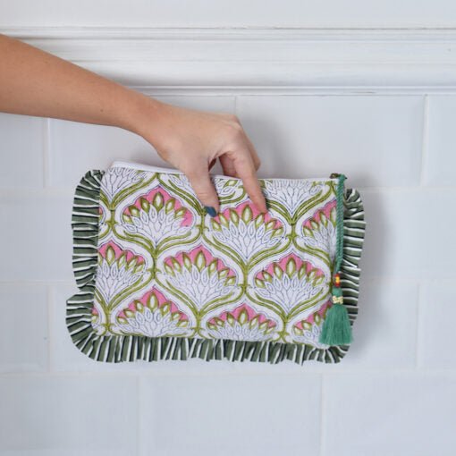 Green Ogee and Pink Mixed Fabric Quilted Make Up Bag