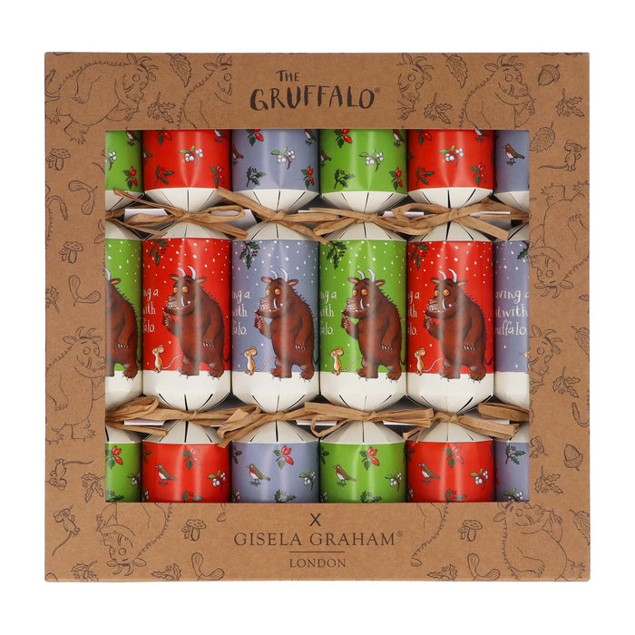 Box of six Gruffalo Christmas crackers in red, green, and blue featuring the Gruffalo and Mouse characters.