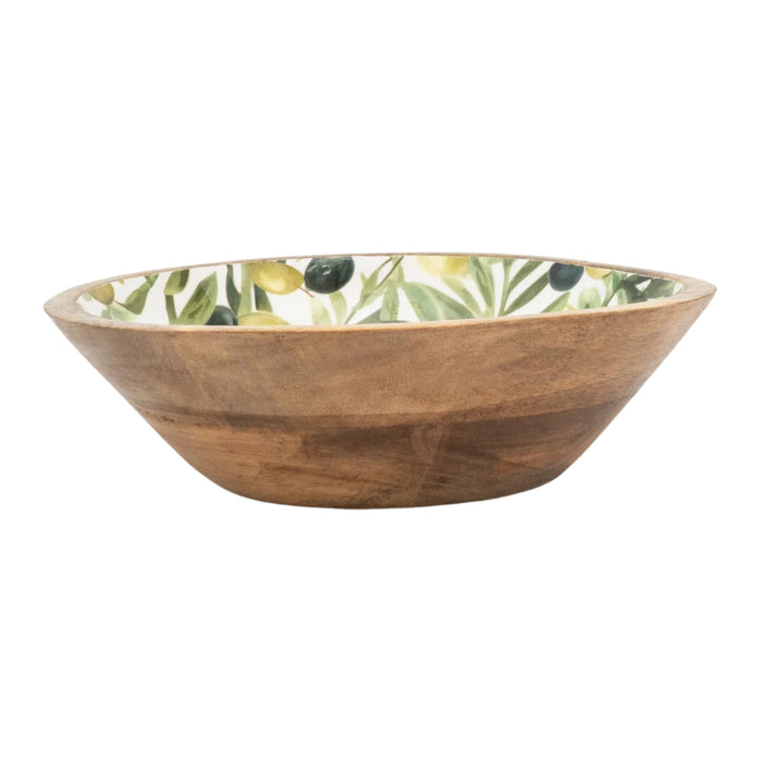 Side view of the handcrafted mango wood bowl showing its smooth grain and olive patterned interior edge