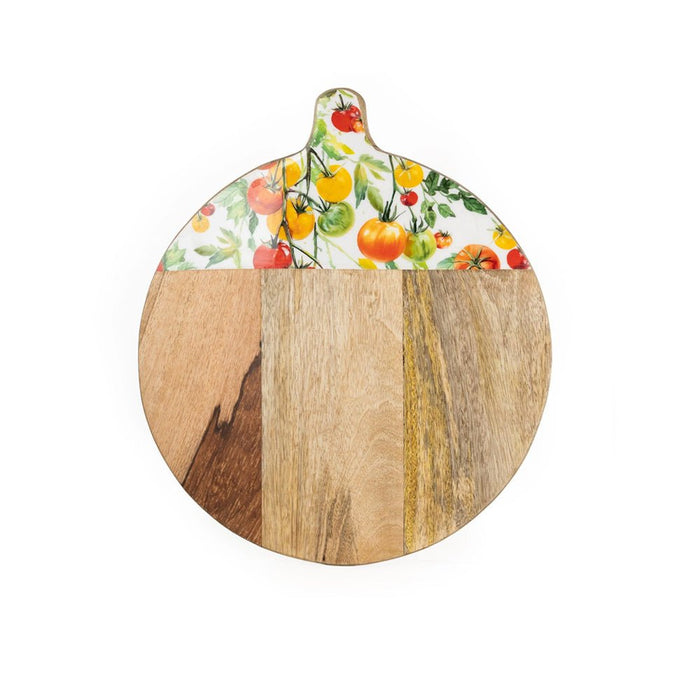 Handcrafted round mango wood pizza board with a tomato vine design on the white ceramic-style top section.
