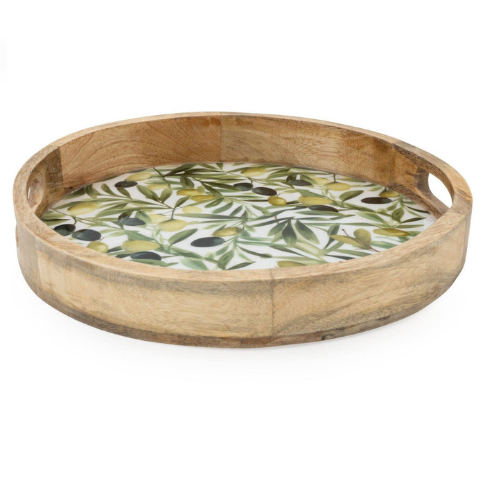 Handcrafted round mango wood tray featuring an olive leaf and fruit print on the interior base