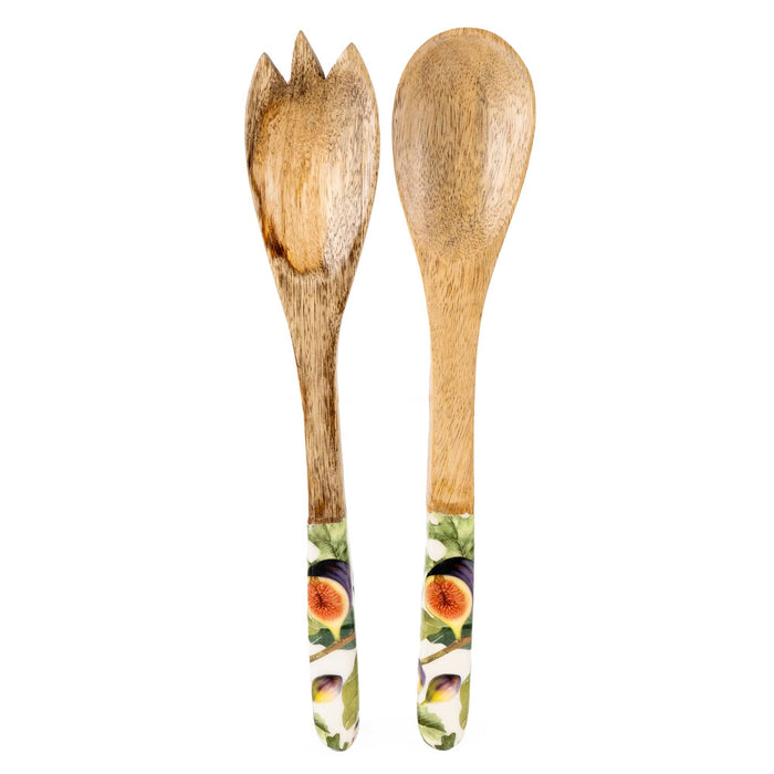A pair of mango wood salad servers with a purple fig pattern on the handles, including a fork and spoon.