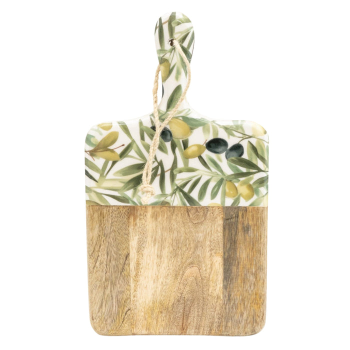 Overhead view of a handcrafted mango wood serving board with an olive pattern and jute hanging rope.