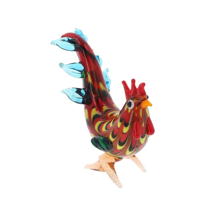 Handmade glass cockerel ornament in red, yellow, and black with blue tail feathers