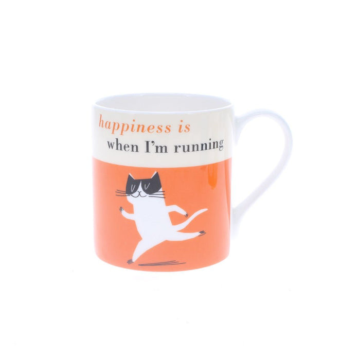 Fine bone china mug with 'Happiness is when I'm running' text and a running cat illustration on orange background.