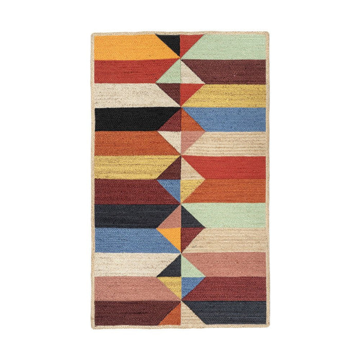 Harlequin jute rectangular rug featuring a vibrant multicoloured geometric tile pattern of triangles and stripes