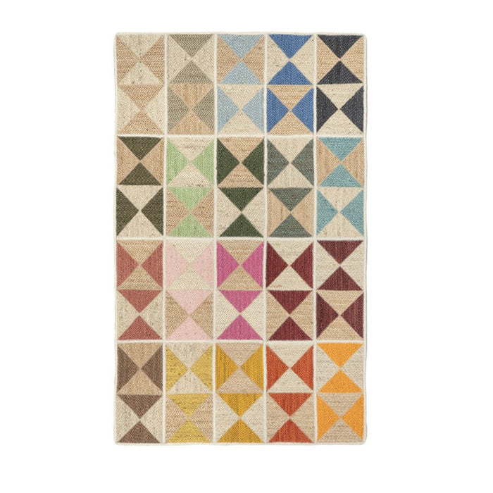 Harlequin Rainbow Jute Rectangular Rug featuring a colourful geometric diamond and triangle pattern in natural jute tones.