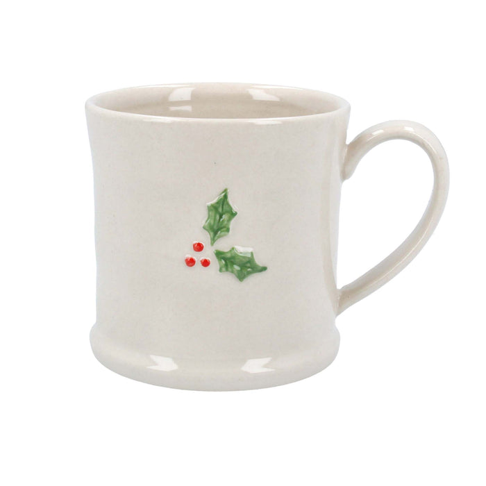 Neutral ceramic mini mug with hand-painted green holly leaves and red berries