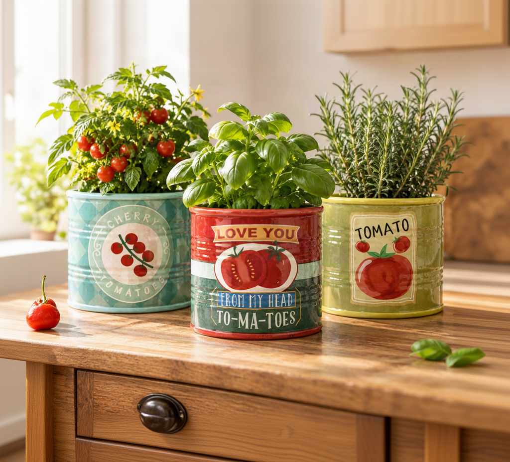 Ceramic tomato pots styled on a wooden kitchen counter holding fresh basil, rosemary, and tomato plants.