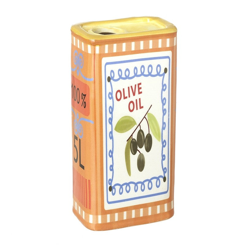 Rectangular ceramic olive oil pot with rustic orange and white design featuring an olive branch illustration.