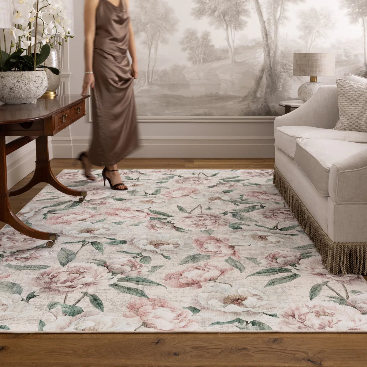 Hug Rug Eco-Washable Blooming Peonies Oyster Pink Rug 75 x 220cm,185 x 275cm,160 x 230cm,120 x 185cm