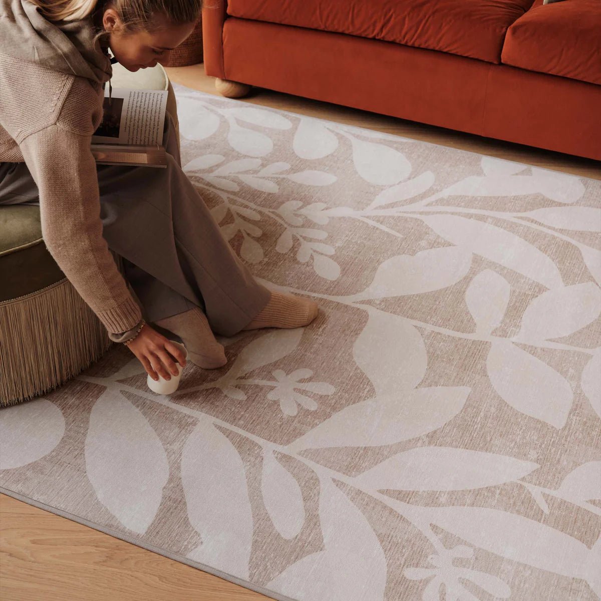 Hug Rug Eco-Washable Eden Leaves Natural Rug 120 x 185cm,160 x 230cm,185 x 275cm,75 x 220cm runner