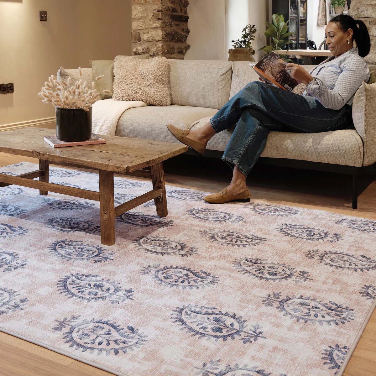 Hug Rug Eco-Washable Woodblock Paisley Blue 75 x 220cm,120 x 185cm,160 x 230cm,185 x 275cm