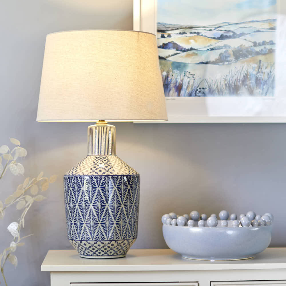 Indigo Diamond Patterned Lamp with Shade