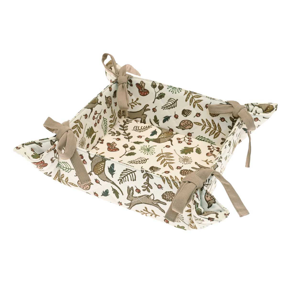 Into the Woods fabric bread basket with woodland animal print and mocha corner ties against a white background.