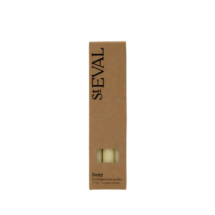 Ivory mini dinner candles in a brown cardboard gift box with a cutout window showing the cream wax.