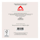 Reverse of the Jolly Welcome card showing the Shelter charity donation details and FSC logo.