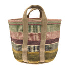 Multi-coloured striped jute storage basket with woven carry handles against a white background.